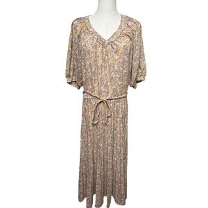 Vintage Jody of California Floral Midi Dress V-Neck Puff Sleeve Cottagecore Pink